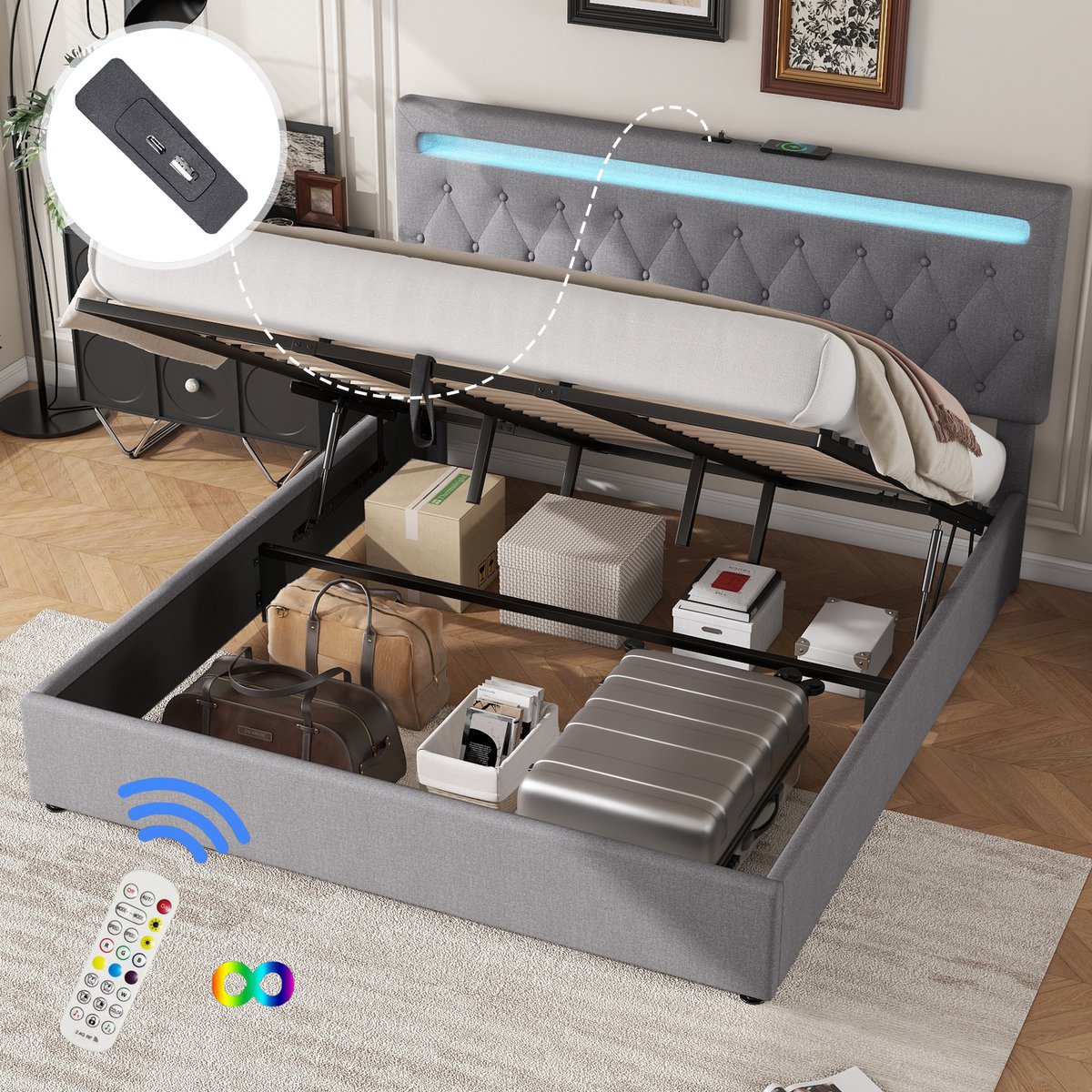 REDOM Ledikant 180x200 cm, gestoffeerd linnen en MDF, met hydraulische opbergruimte en LED-sfeerverlichting