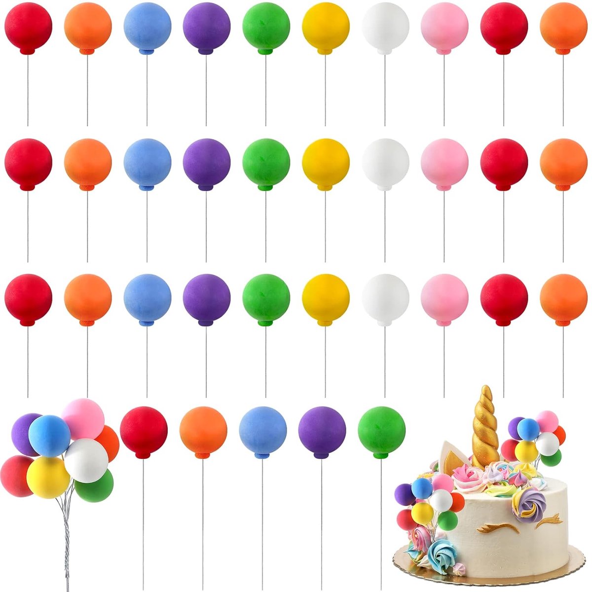 Daity 40 mini-ballon taarttoppers - kleurrijke regenboog taartdecoraties - ronde kleiballetjes cupcake decoraties - geschikt voor verjaardagsfeestjes - babyborrels - bruiloftsdecoraties (regenboogkleuren)