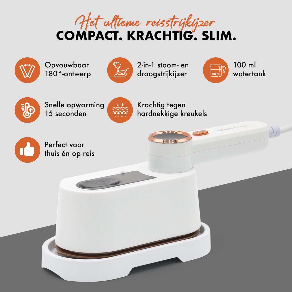 Attent Reis- en Stoomstrijkijzer - Compact - 1050W - 2m Snoer - 100ml Watertank - Snelle Opwarming - mini strijkijzer - klein strijkijzer thumbnail 3