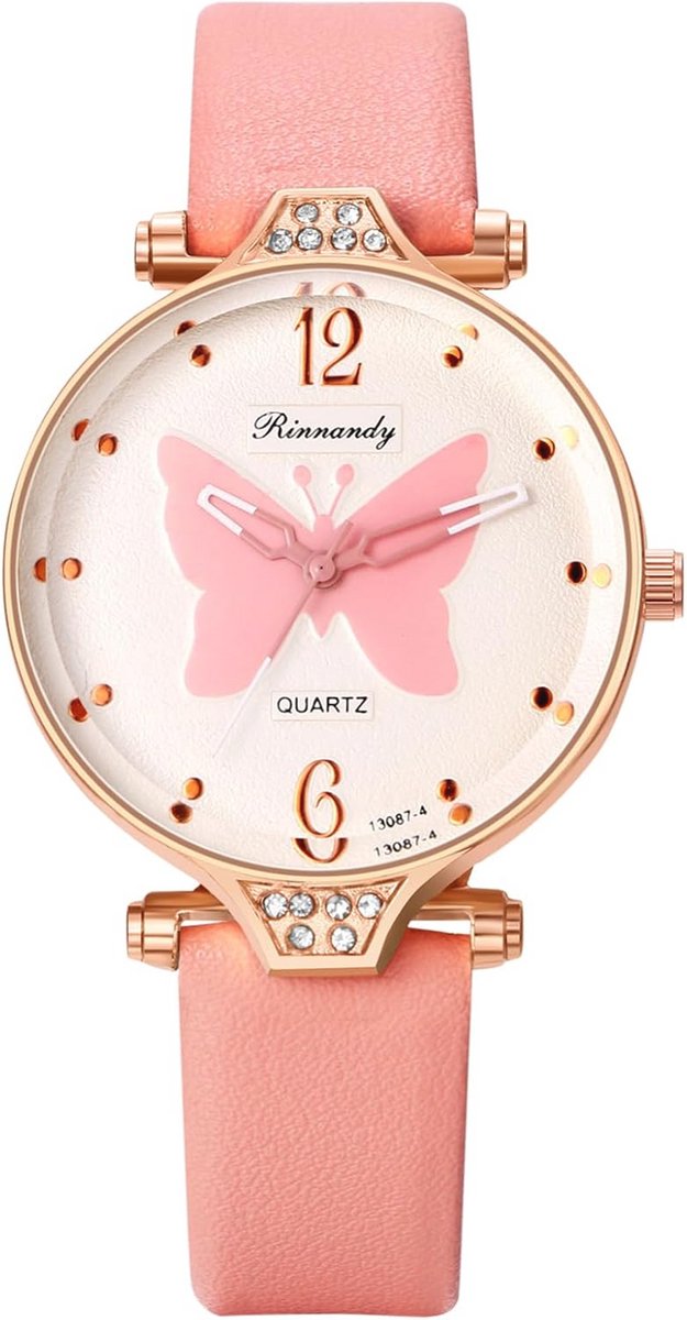 Dames Horloge Leren Band: Preppy Boho Vlinder Strass Analoge Quartz Polshorloge