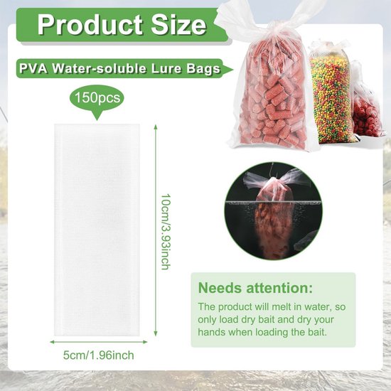150 Stuks Wateroplossende PVA-zakjes voor Karpervissen - 50x100 mm Lokzakjes voor Aas — afbeelding 3