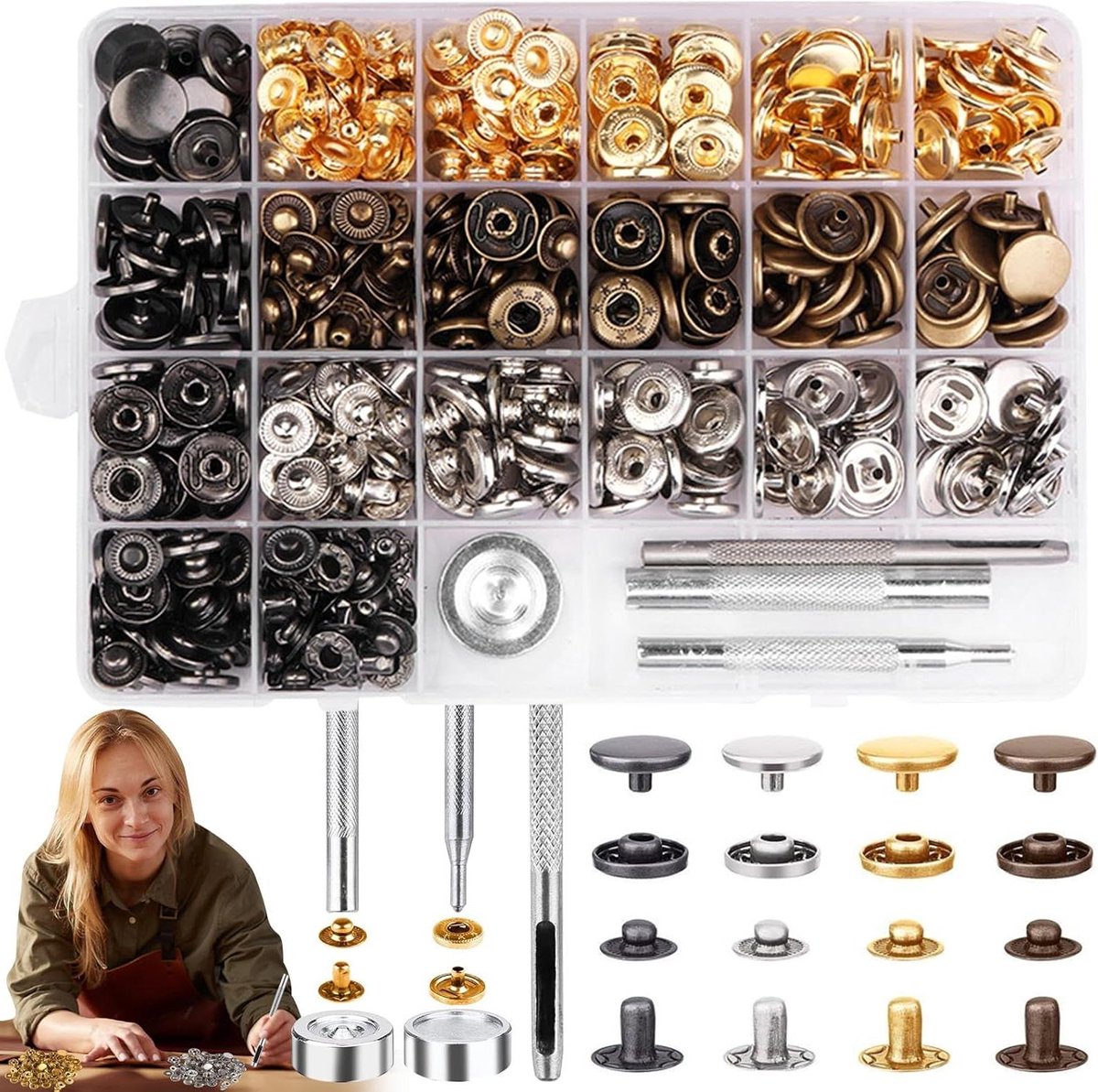 Allecta - Set van 120 Metalen Drukknopen Kit voor Leer - Naaien, Kleding, Jassen - 4 Kleuren, Inclusief Instelgereedschappen