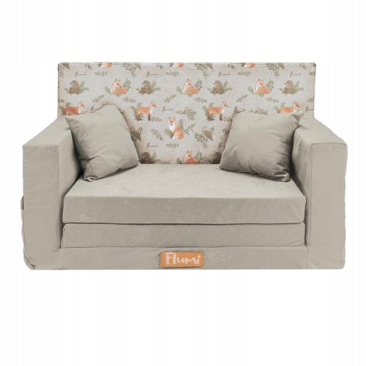 Flumi opvouwbare mini kindersofa – zachte kinderbank met uitklapfunctie en afneembare hoes, lichtgrijs + vossenmotief