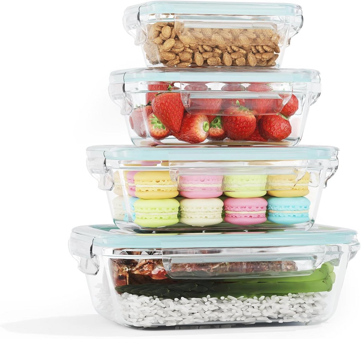 Glazen voedselopslagcontainers, 4-delig, luchtdicht, lekvrij, borosilicaatglas, voor koelkast, vriezer, magnetron