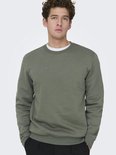 Man met handen in de zakken, kijkt naar de camera. Draagt een effen groene sweater met een wit t-shirt eronder.