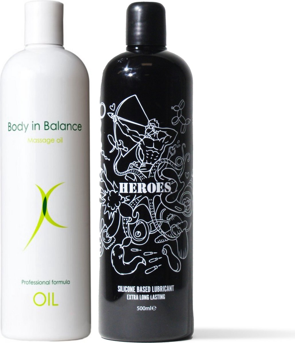 Combideal: HEROES siliconen glijmiddel 500ml + BODY IN BALANCE massageolie 500ml