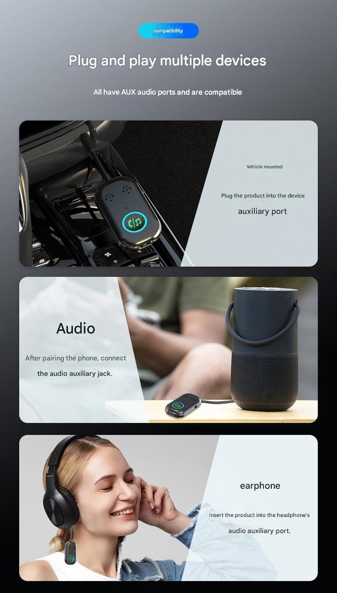 Bluetooth-zender en -ontvanger, 2-in-1 Bluetooth-adapterzender, geschikt voor vliegtuigen, koptelefoons, tv's, reizen, luidsprekers, auto's, draadloze adapters, 3,5 mm aux-aansluiting, dubbele verbinding (1) van Merkloos — afbeelding 4