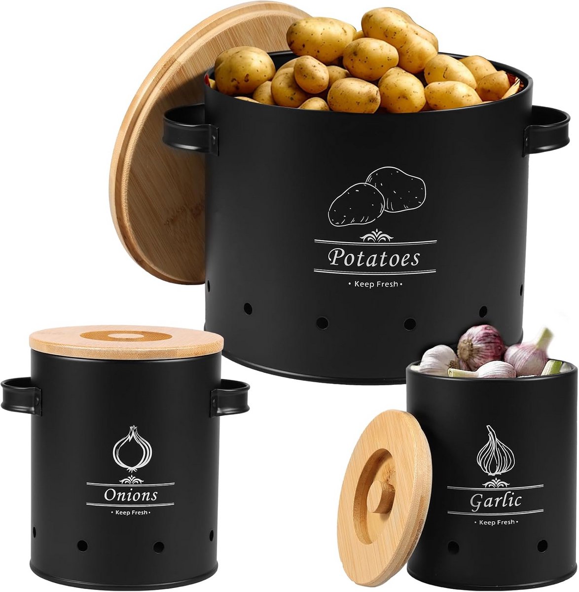 Set van 3 Rvs Opbergbussen voor Aardappel, Ui en Knoflook met Bamboe Deksel