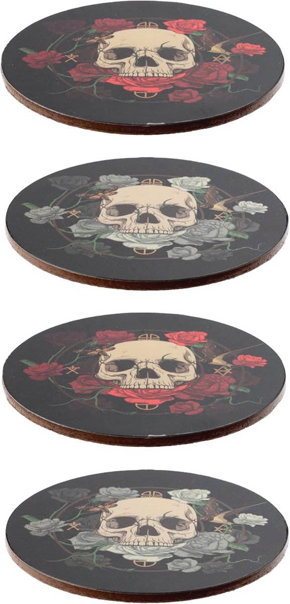 Set van 4 Kurken Onderzetters - Skull met Rozen