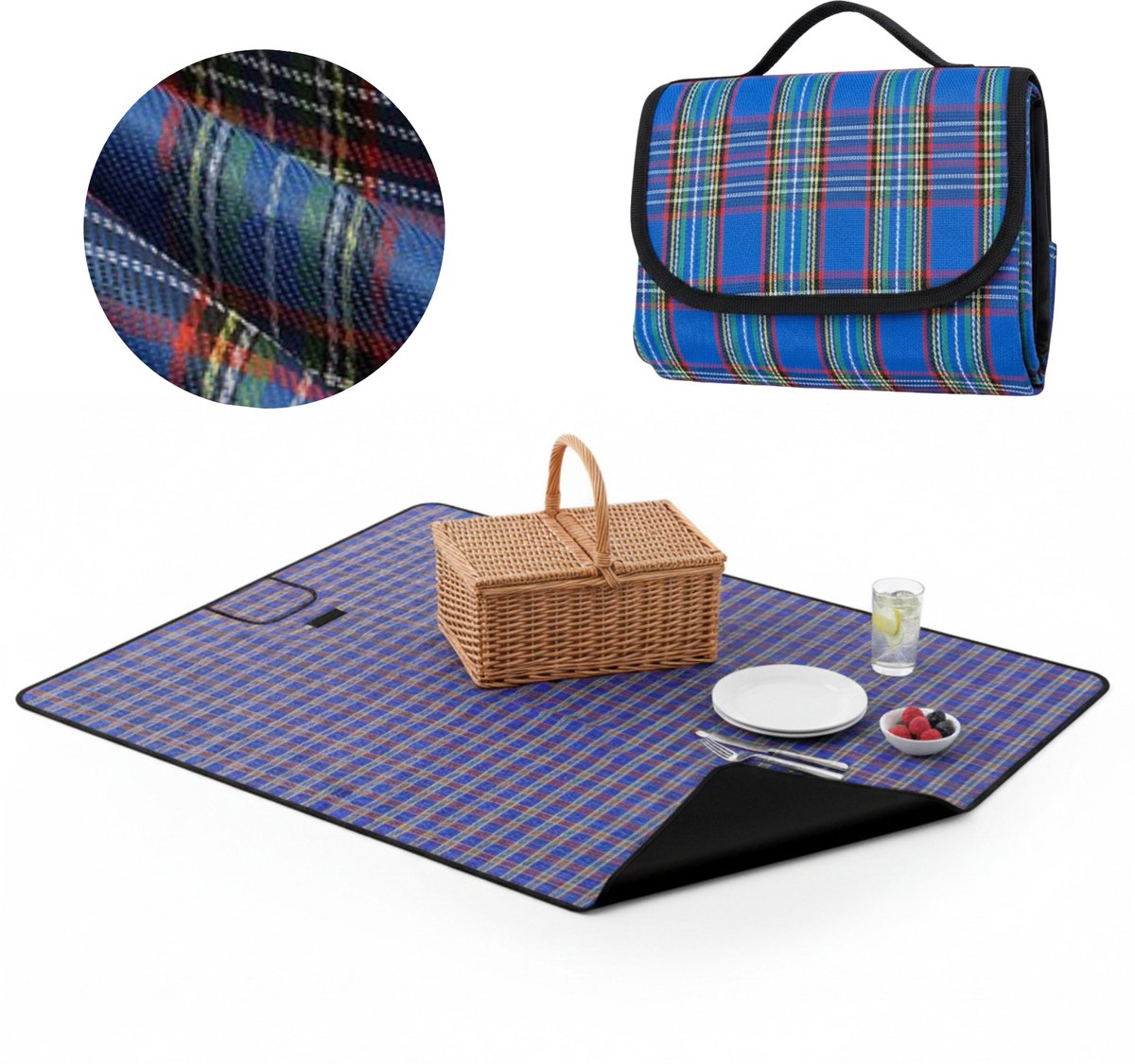 Waterdichte Picknickdeken 145x180 cm – Opvouwbare Picknick Mat met Handvat – Blauw – Voor Strand, Park & Camping