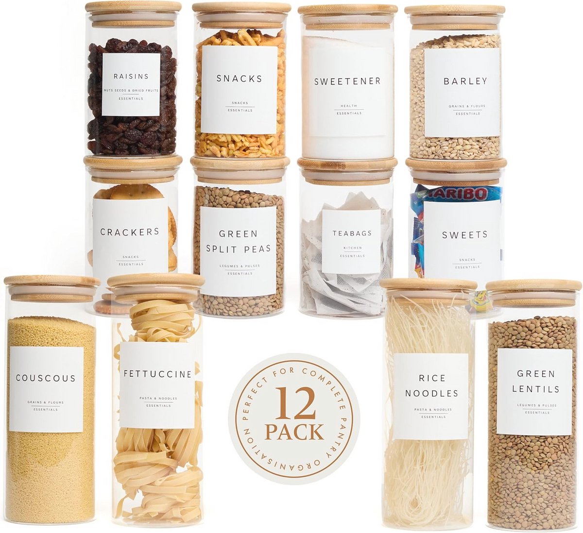 Set van 12 glazen voorraaddozen met bamboe deksels en etiketlabels voor keukenopslag