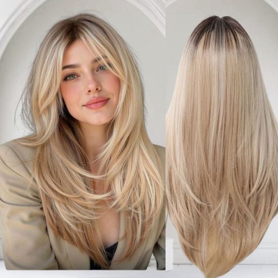 Frazimashop- Ombre Blonde Pruik met pony - Pruiken Dames Lang steil Haar - Haarwerk - Haarstuk - Haren Vrouwen - Hittebestendige- Verstelbaar.