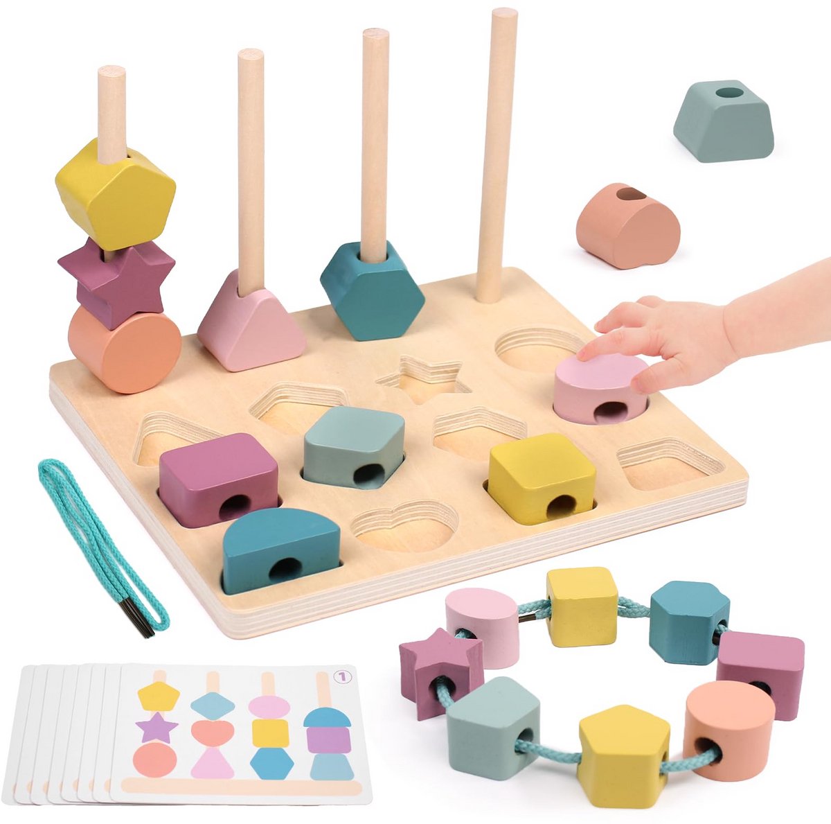 Montessori-speelgoed voor 2-, 3-, 4- en 5-jarigen - Houten stapelspeelgoed - Rijgspeelgoed - Speelgoed voor de fijne motoriek - Educatief speelgoed voor 2- tot 3-jarigen