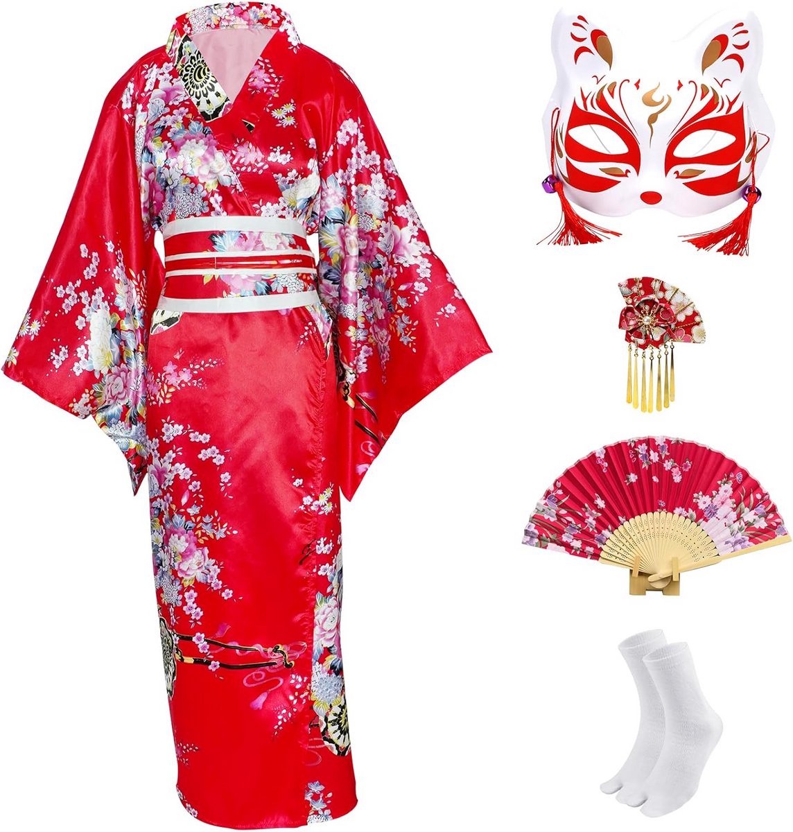Traditionele Japanse Kimono voor Dames met Bloemenprint en Accessoires Set