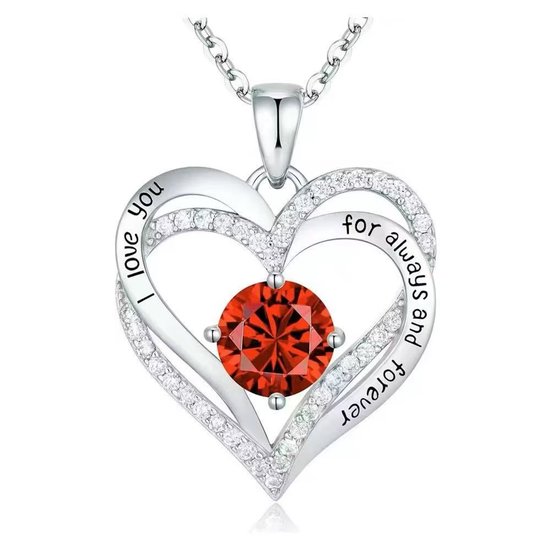 Lumici® | I Love You Ketting - ''For Always And Forever'' - Stainless Steel Sieraden - RVS - Hartjes Ketting - Cadeau Pour Femmes - Fête des Mères Cadeau - Collier Dames - Collier - Valentijn - Amour - Rose Goud & Argent - Pierre Rouge