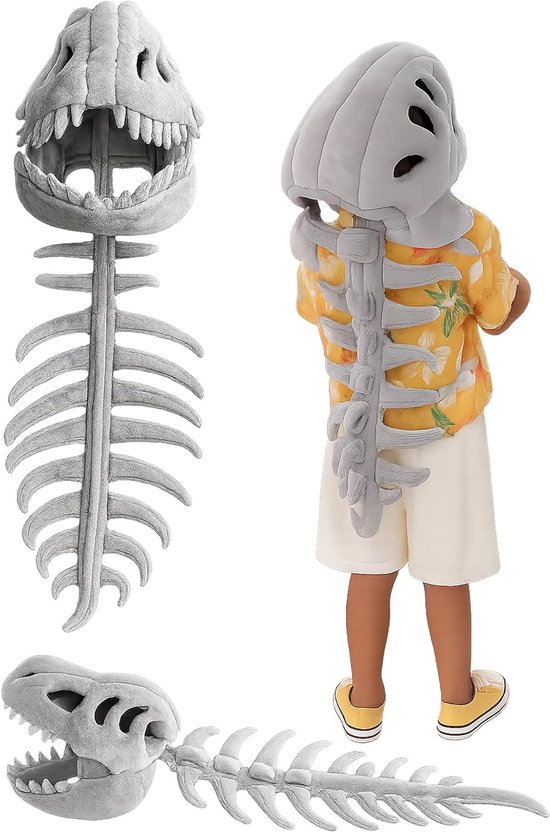 1 stuck - Dino Skelet Verkleedkleding – Pluche Dinosaurus Kostuum met Schedel Hoed – Halloween, Verjaardag & Rollenspel – S (80 cm), Grijs