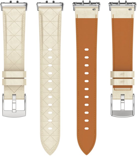 Beige lederen horlogeband met ruitpatroon, zilverkleurige gesp, en bruin leren voering.