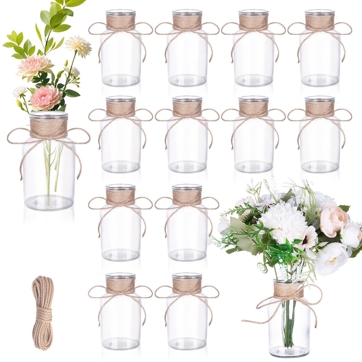 Imperatoris Glazen Vazen / Glazen Flessen – Mini Decoratieve Vaas Flesjes – Helder Glas – Inclusief Strik – 12 Stuks – 125 ml – Transparant
