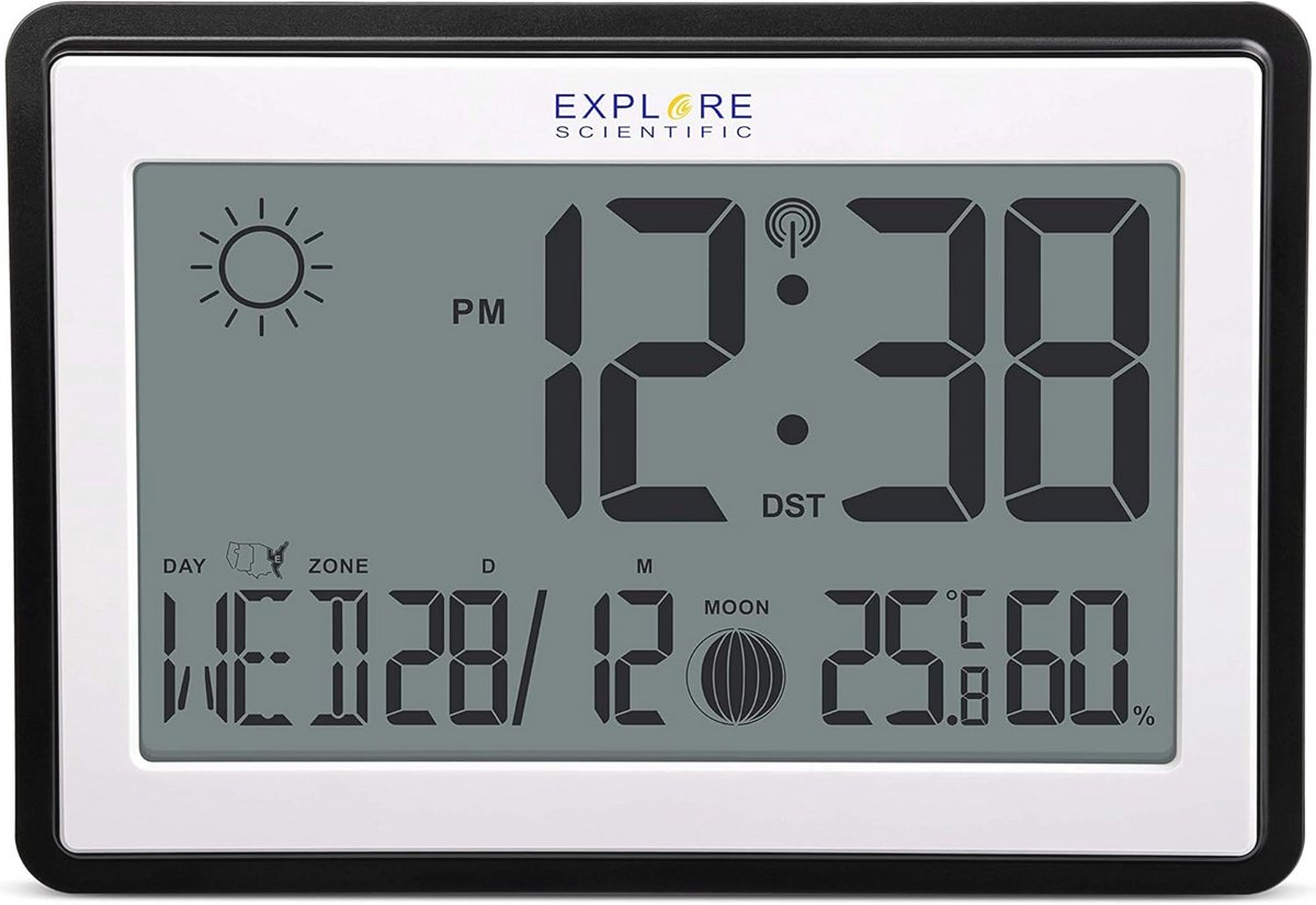 Digitale radiogestuurde wand- of tafelklok met maanfasen, weersvoorspelling en binnentemperatuur, zwart