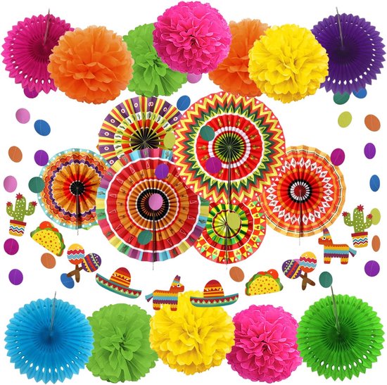 Mexicaanse feestdecoraties, 21 stuks veelkleurige Mexicaanse papieren fans, pompons bloemen voor Mexicaanse Fiesta Cinco De Mayo Taco-thema verjaardagsfeestbenodigdheden