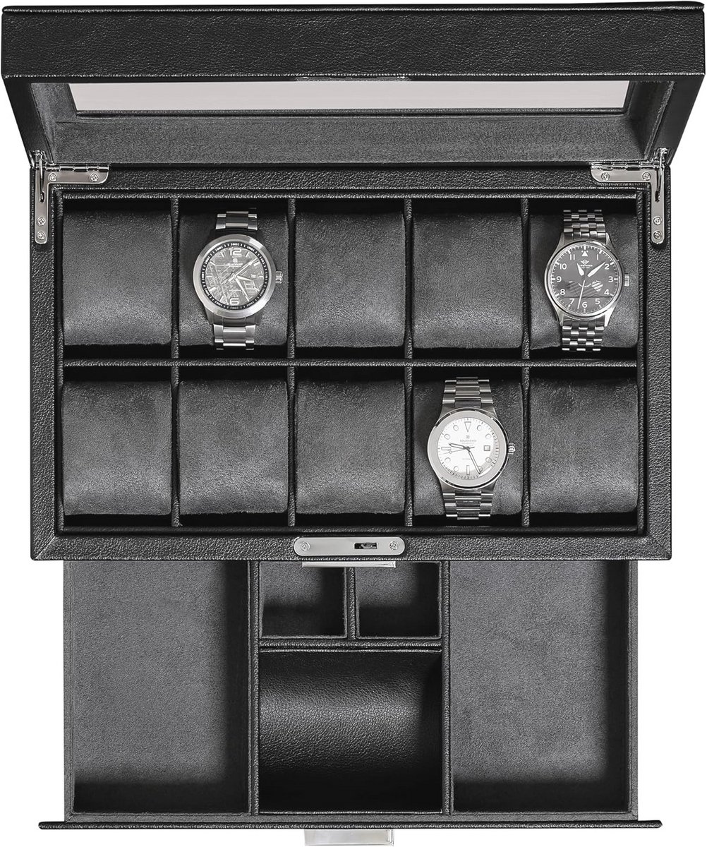 Luxe horlogedoos met 10 sleuven en valetlade - stijlvolle horloge-organizer met ultrazachte voering en glazen blad