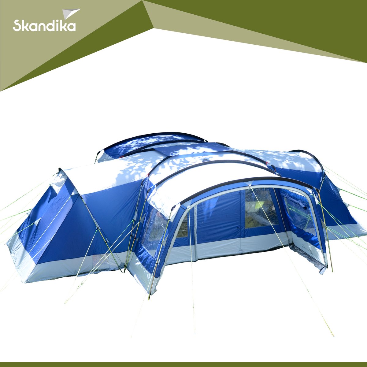 Skandika Nimbus 12 Tent – Tenten – Familietent - Campingtent – Voor 12 personen – Koepeltent – Muggengaas – 3 zwarte slaapcabines - 215 cm stahoogte – 760 x 630 x 215 cm (LxBxH) – 5000 mm waterkolom – Outdoor, Camping, Tuin – Kamperen – blauw/wit