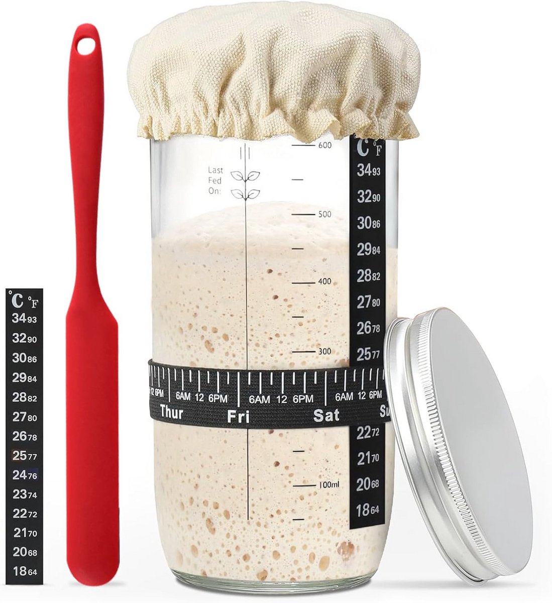 Sourdough Starter Set met Fermentatieglas, Spatula en Temperatuurstickers