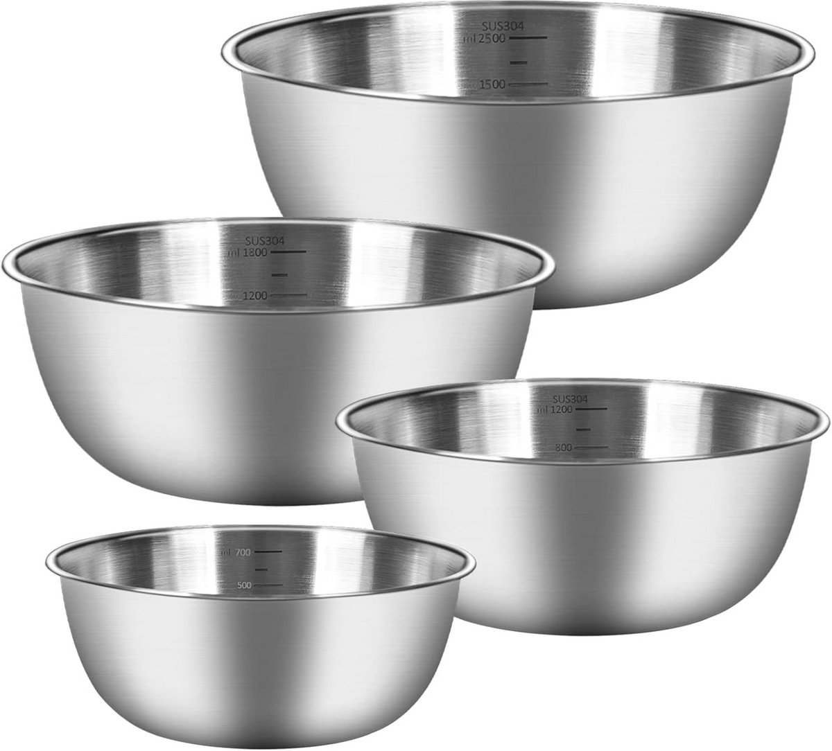 Set van 4 RVS Keukenkommen - Vaatwasmachinebestendig en Stapelbaar, 4 Maten (0,7L-2,5L)