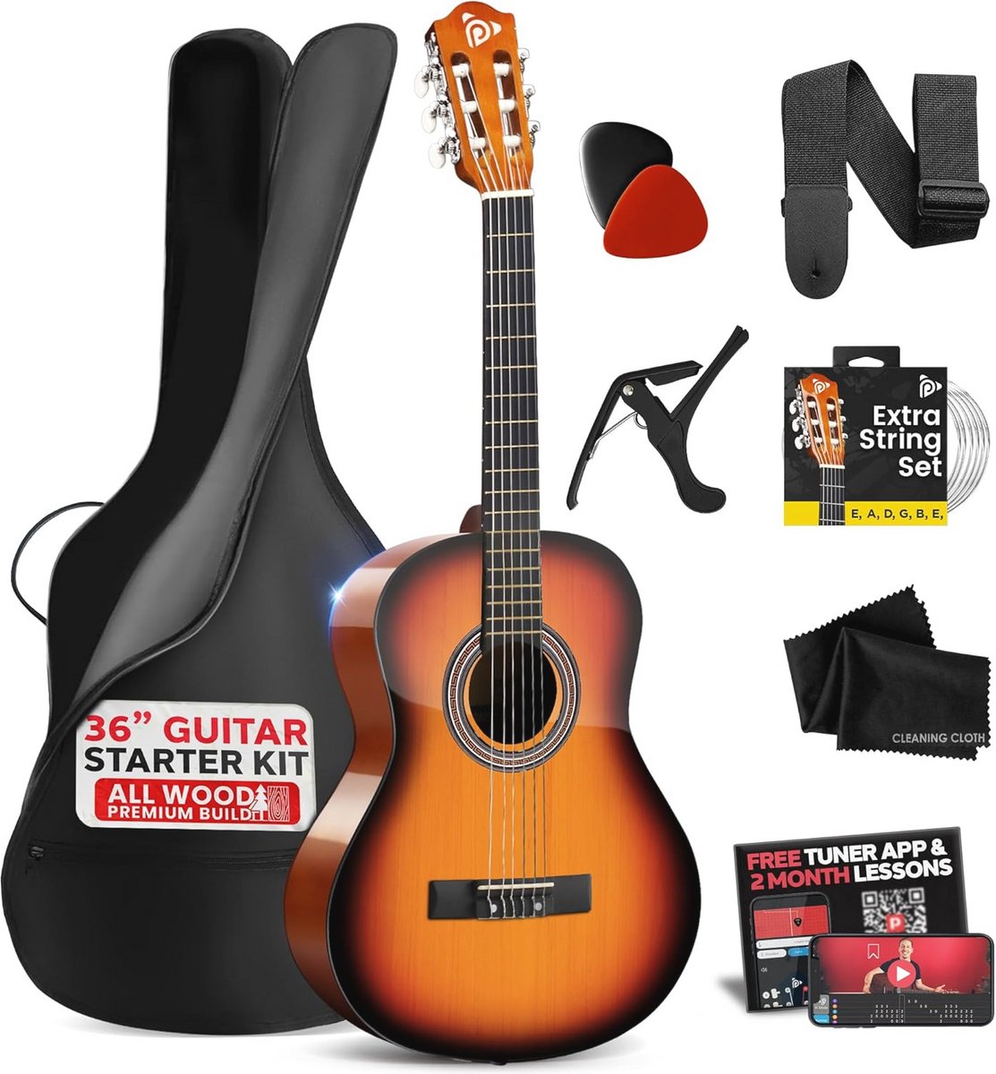 Acoustic Guitar Set - Full Wooden Nylon String Instrument for Beginners