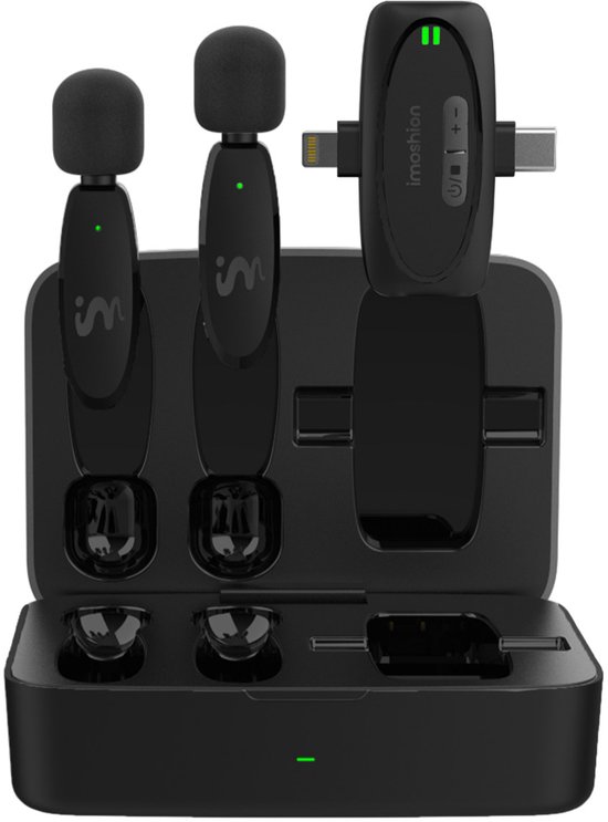 imoshion 2-pack Draadloze Microfoon met Oplaadcase - Geschikt voor o.a. USB-C & AUX - Bluetooth Mini Microfoon - Podcast Microfoon