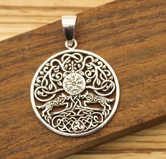 Pendentif en argent sterling arbre de vie avec 2 loups celtiques, signe du chaos au milieu - petit pendentif arbre de vie en argent 925 - tree of life pendant silver - charm pour chaîne de l'arbre de la vie - pendentifs en argent celtiques