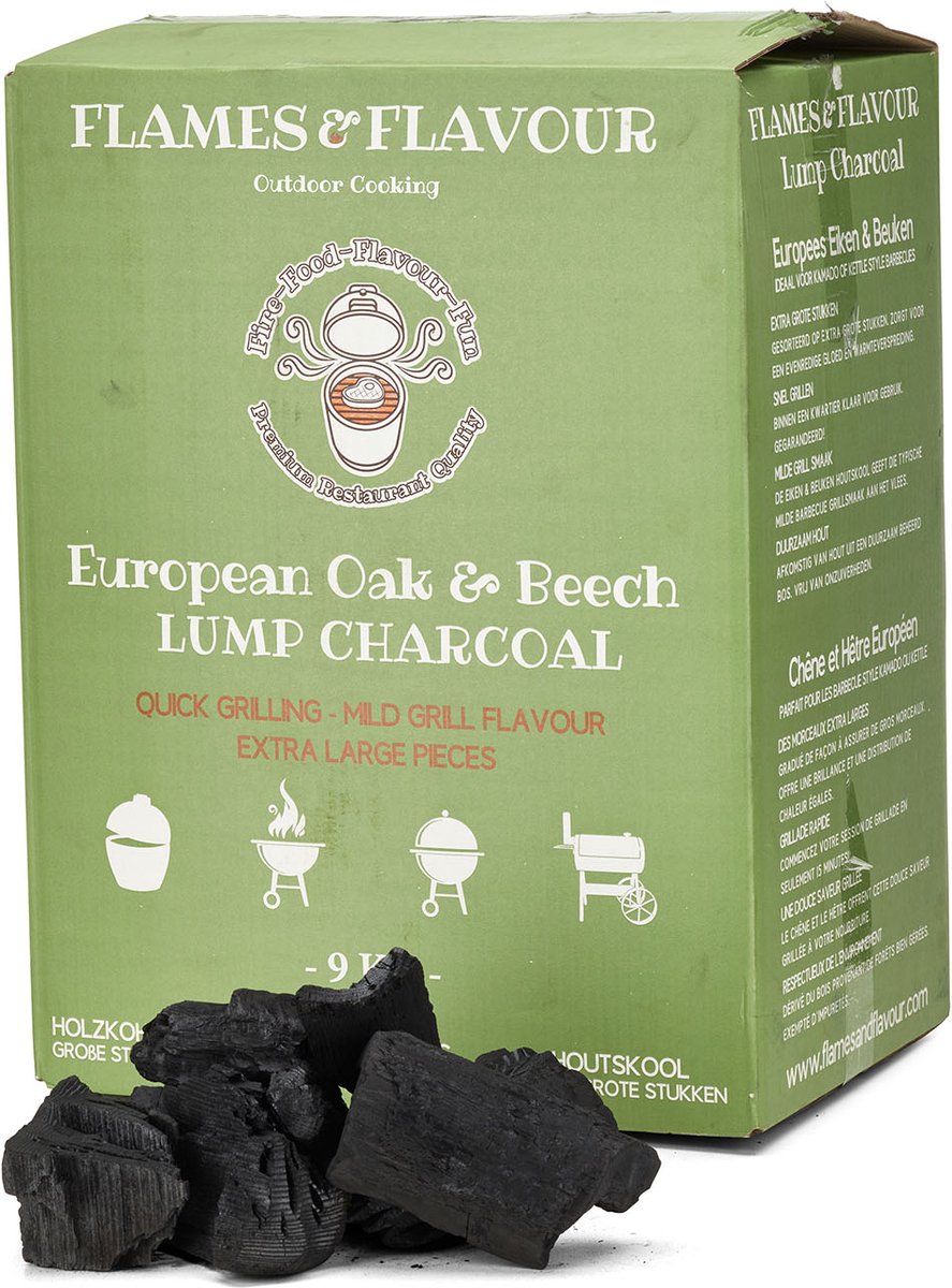 Bol.com Europees Eiken & Beuken Houtskool 9 KG van Flames & Flavour voor Big Green Egg - Kamado - Kettle BBQ aanbieding