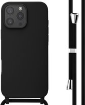 Zwarte telefoonhoes voor iPhone met koord, versterkte randen, zilveren details