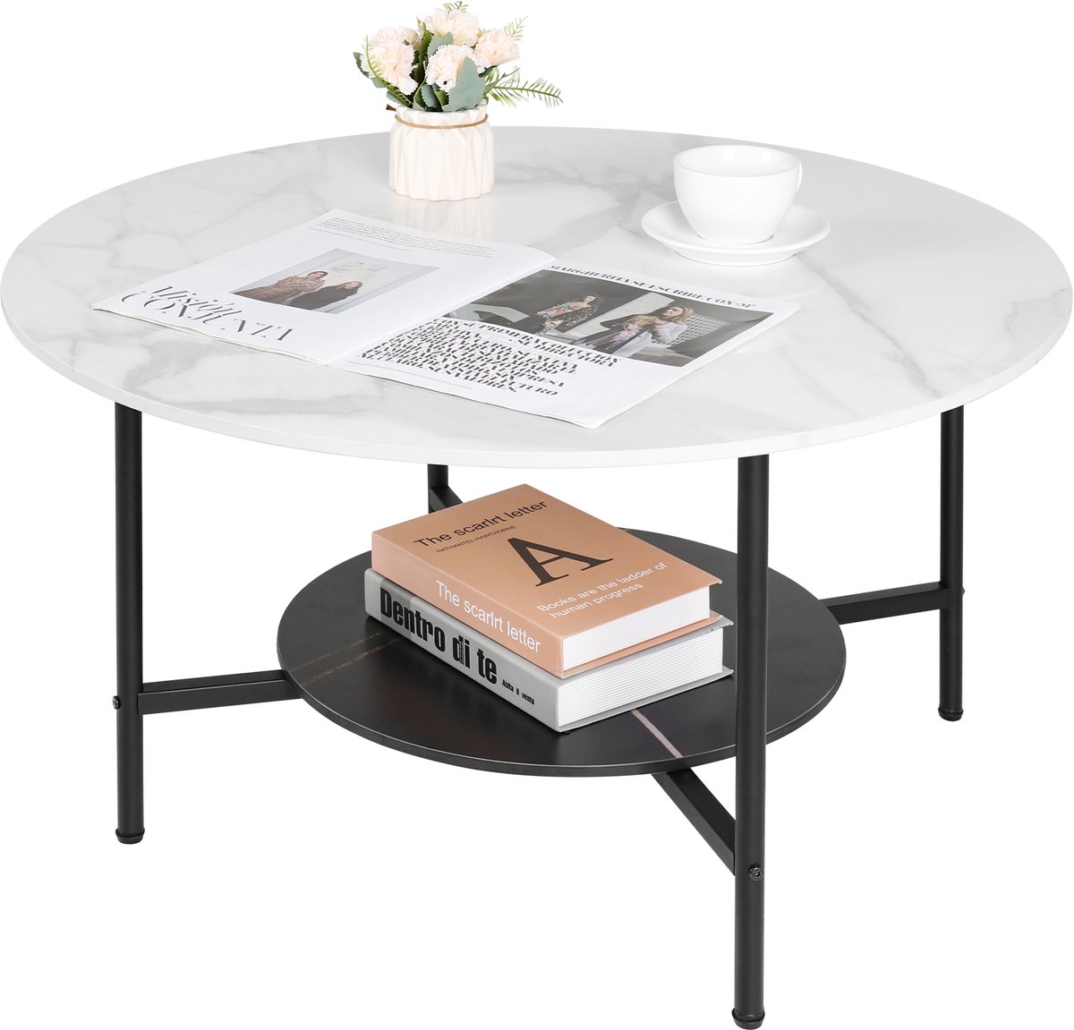 FATIVO Ronde Salontafel - Bijzettafel met Opbergplank - Metaal Frame - Marmerlook - Wit & zwart - 80x47.5cm - Voor Woonkamer