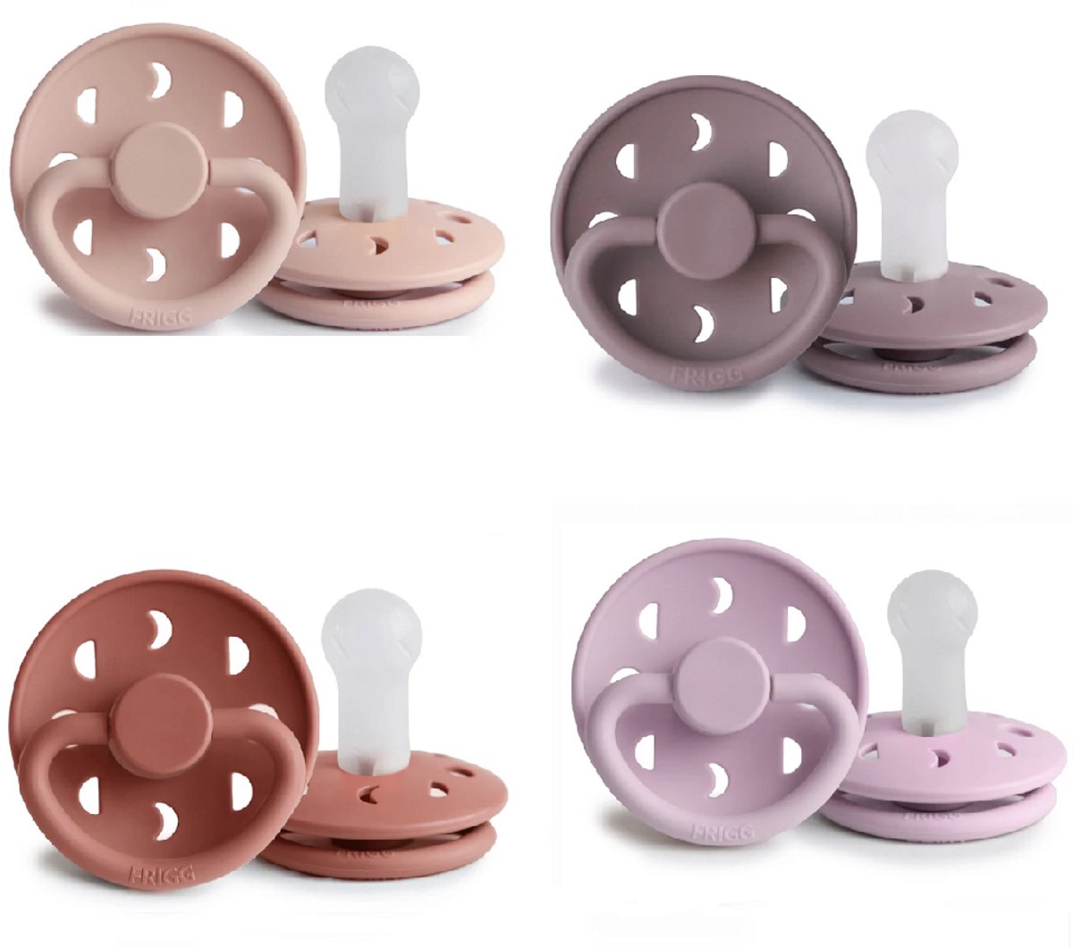 FRIGG MOON Fopspeen set 4 stuks - Siliconen - Maat 2 - vanaf 6 maanden - Soft Lilac - Twilight Mauve- Blush - Powder Blush