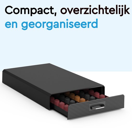 Boîte noire pour capsules, tiroir ouvert rempli de capsules Nespresso rouges et marron.