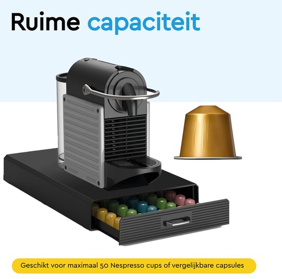 Boîte noire pour capsules, tiroir ouvert rempli de capsules colorées, avec une machine Nespresso au-dessus.