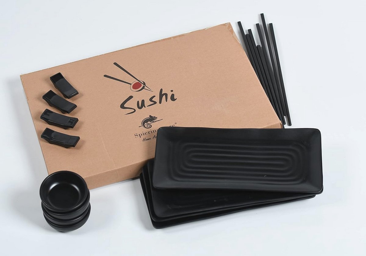 Zwarte sushi set voor 4 personen - 16 delig - Melamine serviesset met eetstokjes en sauspo