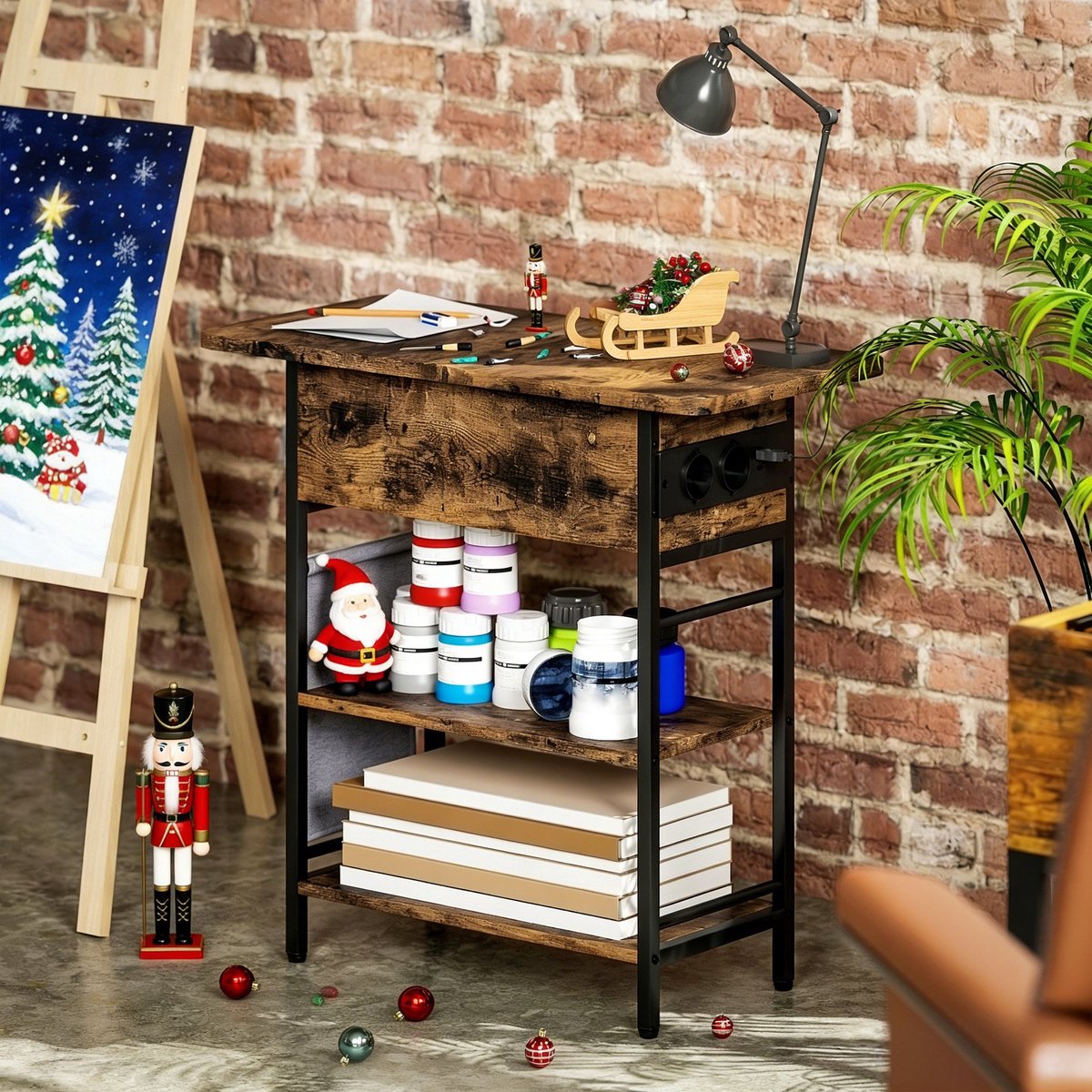 REDOM Bijzettafel met EU-stopcontacten, USB en USB-C, 2 planken & opbergvak met klep, rustiek bruin, 60×29,8×58,5 cm