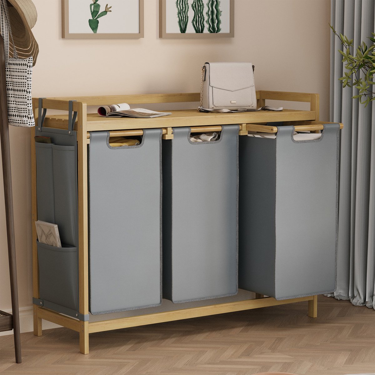 Bealife AP111 Wasmand - Stoffen Sorteermand met 3 vakken van bamboe - 125 liter - Met 3 zakken en opbergzijvak - 78 x 94 x 33 cm (HxBxD)