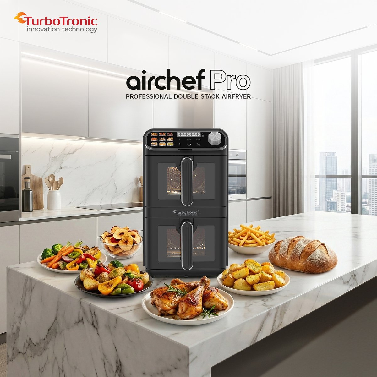Turbotronic AF510D - Dubbele Airfryer - 11L - Airfryer XXL - Heteluchtfriteuse - Dual Heating - 50ºC tot 200ºC - 6 Kookprogramma's - Zwart — afbeelding 2