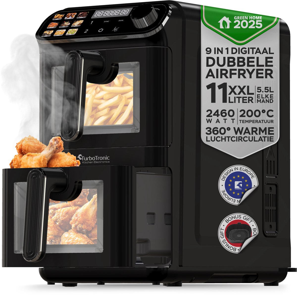 Turbotronic AF510D - Dubbele Airfryer - 11L - Airfryer XXL - Heteluchtfriteuse - Dual Heating - 50ºC tot 200ºC - 6 Kookprogramma's - Zwart — afbeelding 1