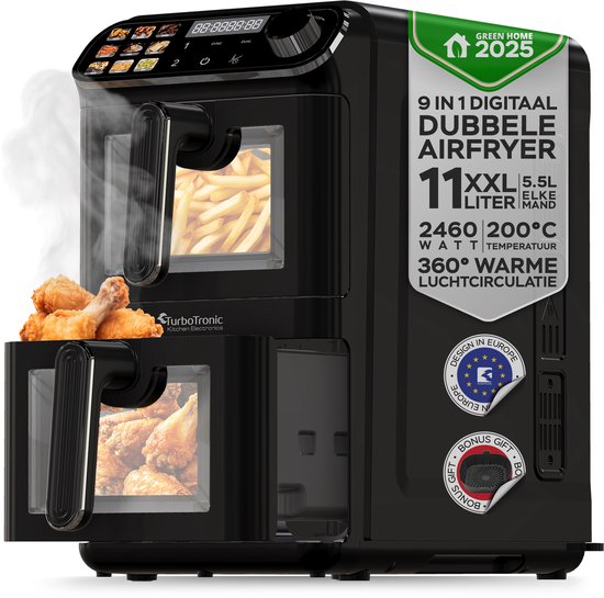 Foto: Turbotronic af510d dubbele airfryer 11l airfryer xxl heteluchtfriteuse dual heating 50c tot 200c 6 kookprogrammas zwart