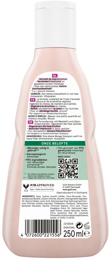 Achterkant van een lichtroze fles Guhl shampoo met informatie over ingrediënten en PETA logo.
