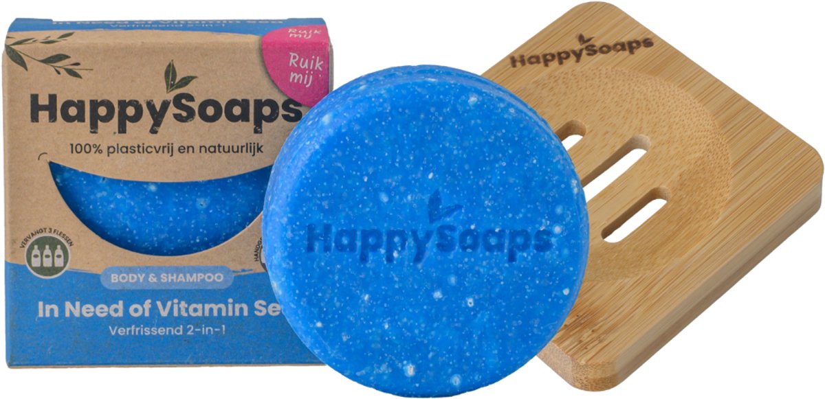 HappySoaps In Need of Vitamin Sea – 2-in-1 Shampoo & Body Wash Bar + Bamboe Zeephouder – Fris, Natuurlijk & Plasticvrij