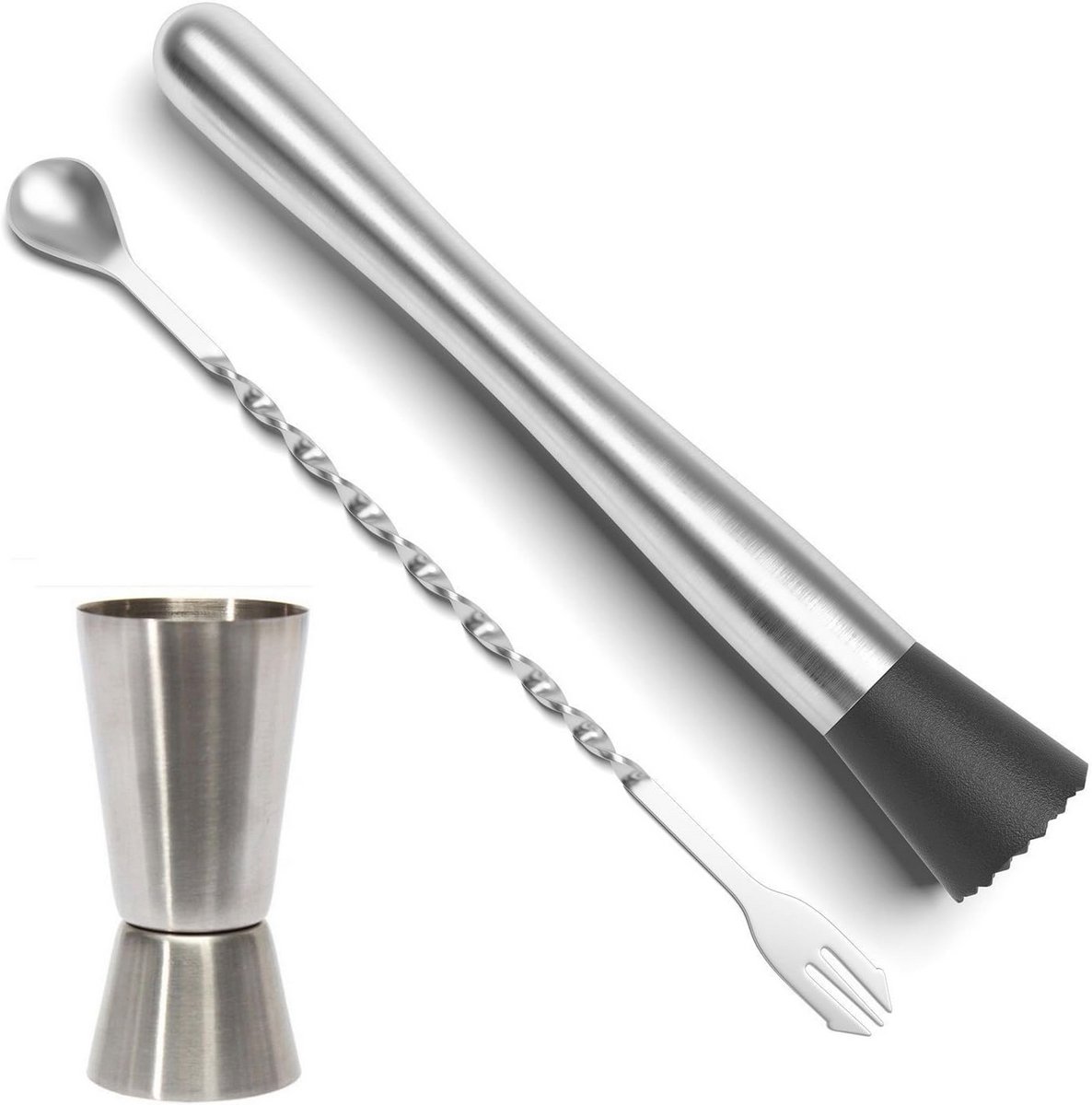 Cocktailset met stamper, roerlepel en maatbeker van roestvrij staal