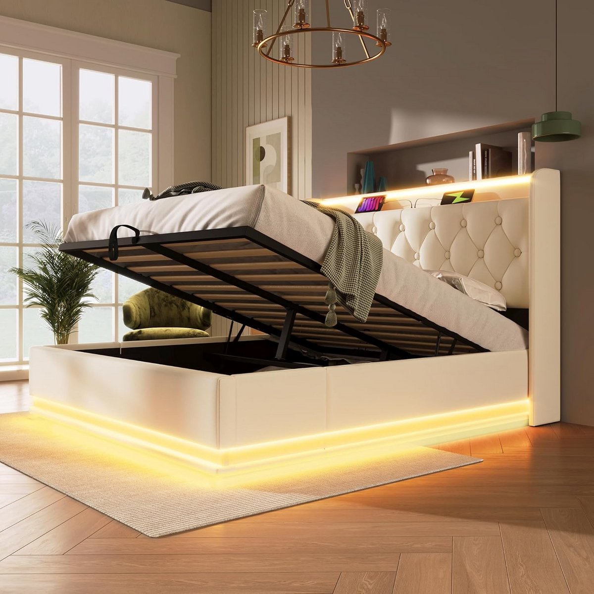 Gestoffeerd Tweepersoonsbed 160x200 cm met Opbergruimte en Lattenbodem, Wit PU