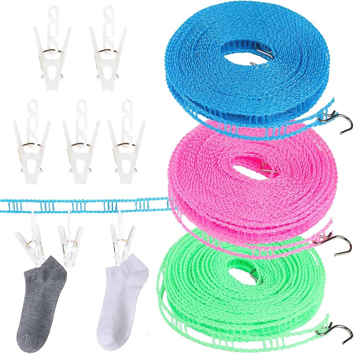 Draagbare Winddichte Nylon Waslijn - 3 Stuks 8m met Antislip Pins voor Binnen en Buiten