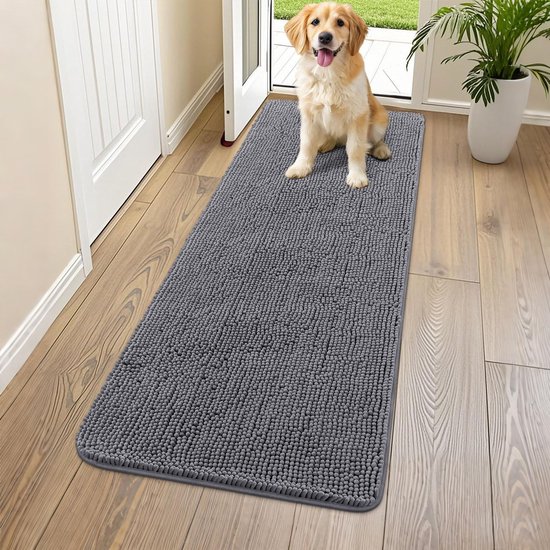 Paillasson Mud Paw Dog 70 x 140 cm - Absorbe l'humidité et la saleté - Absorbant, antidérapant et lavable - Tapis chenille à séchage rapide - Tapis d'entrée, d'intérieur, d'entrée, Grijs