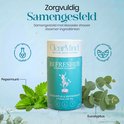 Douche steamer koker met teksten: 'Zorgvuldig samengesteld', 'Pepermunt', 'Eucalyptus' en zonder agressieve stoffen.